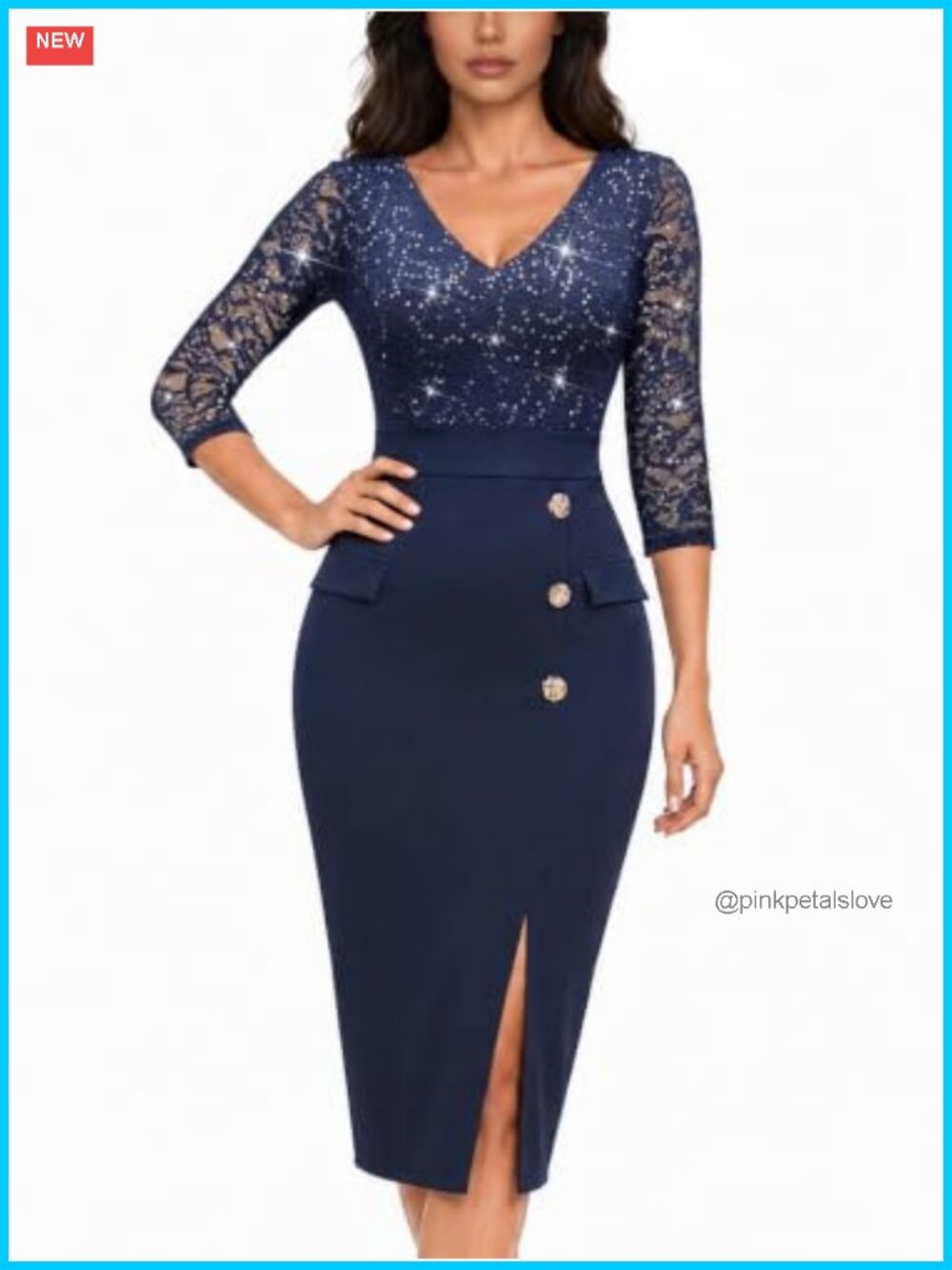Vintage V-Neck Sequin Lace Bodycon Midi Cocktail Party Dress